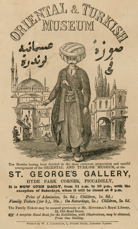 Advertentie voor The Oriental and Turkish Museum at St Georges Gallery, Hyde Park Corner, Piccadilly, Londen door English School