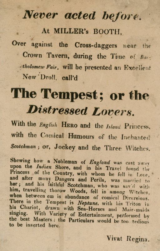 Advertentie voor The Tempest; of, The Distressed Lovers, uitgevoerd bij Millers Booth, Cross Daggers, nabij de Crown Tavern door English School