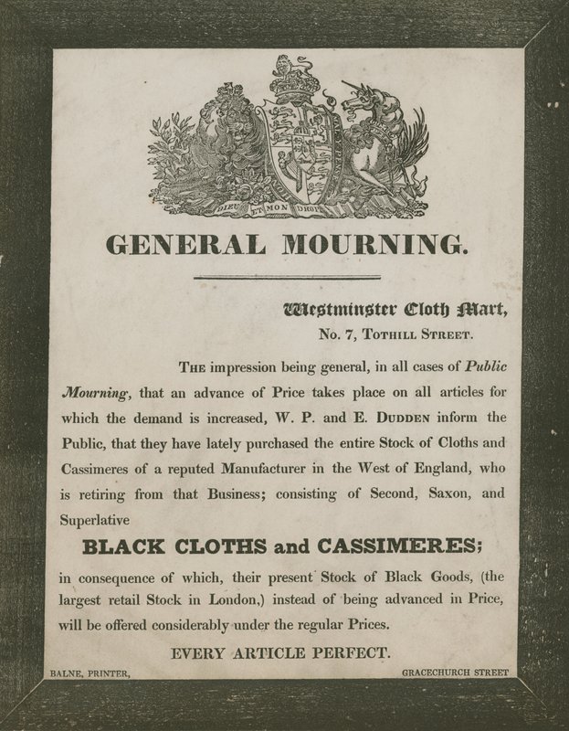 Advertentie voor W P en E Dudden, Westminster Cloth Mart, 7 Tothill Street door English School