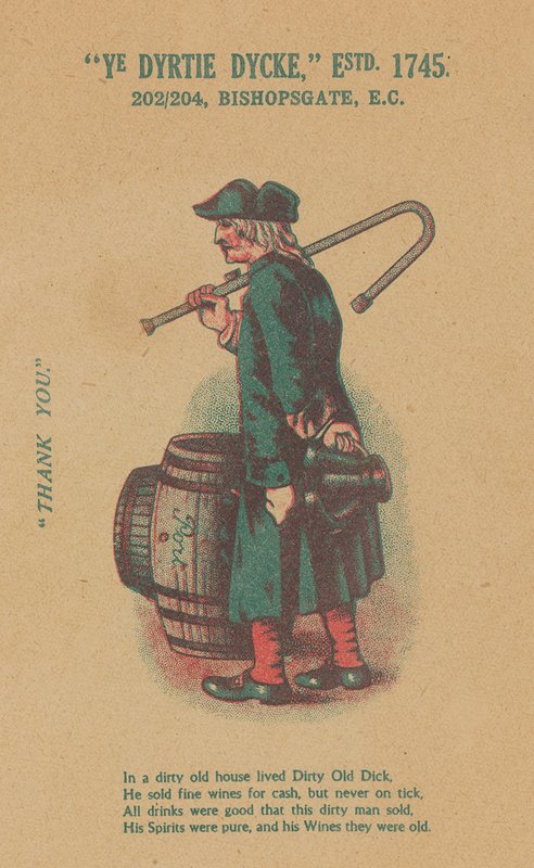 Advertentie voor Ye Dyrtie Dycke (Dirty Dick), 202-204 Bishopsgate, Londen door English School