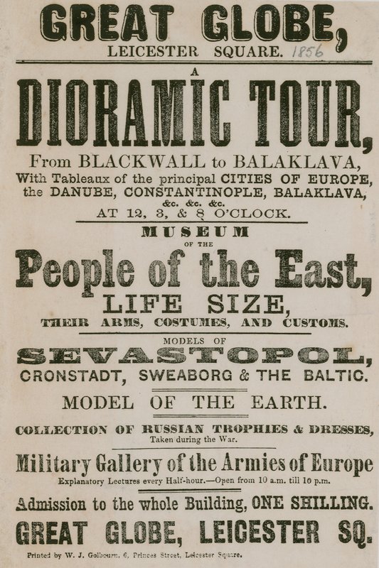 Advertentie voor een Dioramische Tour van Blackwall naar Balaklava, met tableaus van de belangrijkste steden van Europa door English School