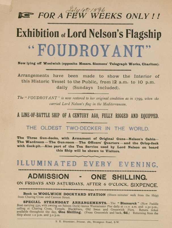 Advertentie voor een tentoonstelling van Lord Nelsons vlaggenschip Foudroyant door English School