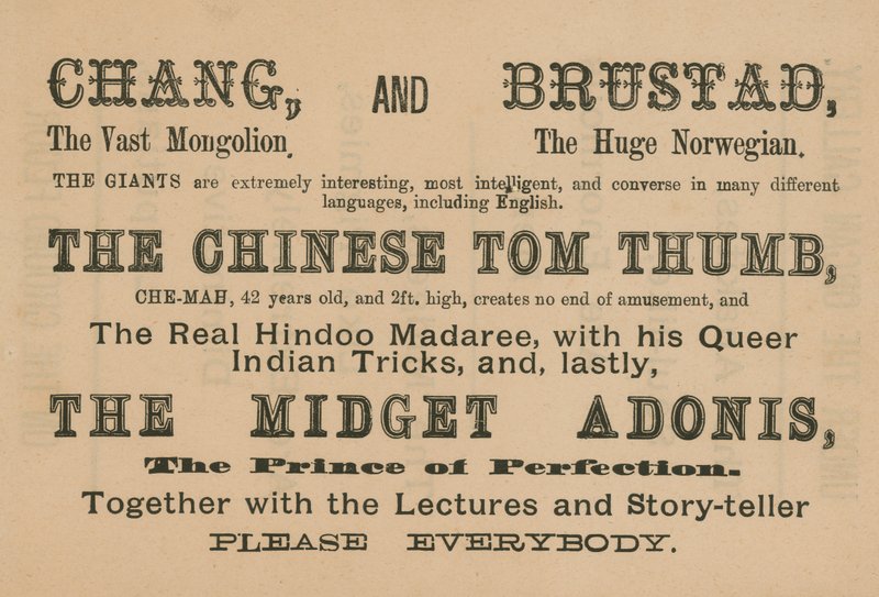 Advertentie voor optredens van Chang, Brustad, The Chinese Tom Thumb en The Midget Adonis door English School