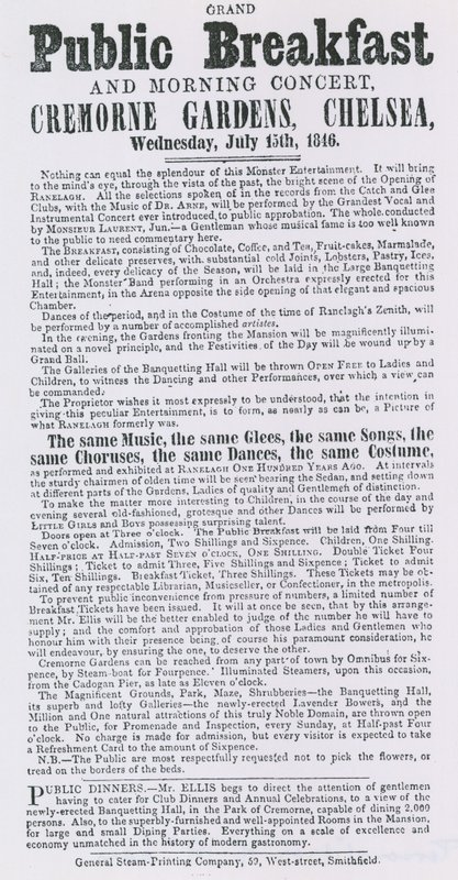 Advertentie voor groot openbaar ontbijt en ochtendconcert, Cremorne Gardens, Chelsea door English School