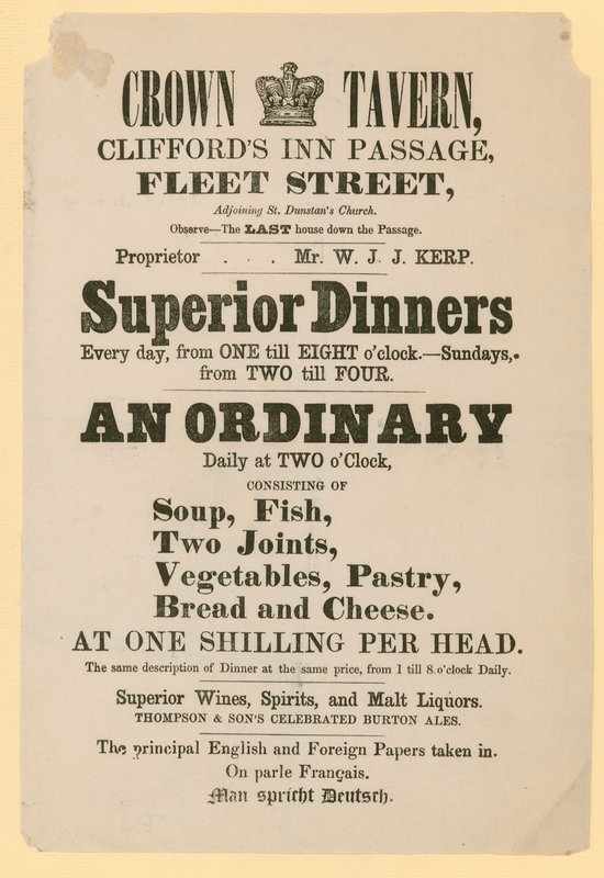 Advertentie voor de Crown Tavern, Cliffords Inn Passage, Fleet Street, Londen door English School