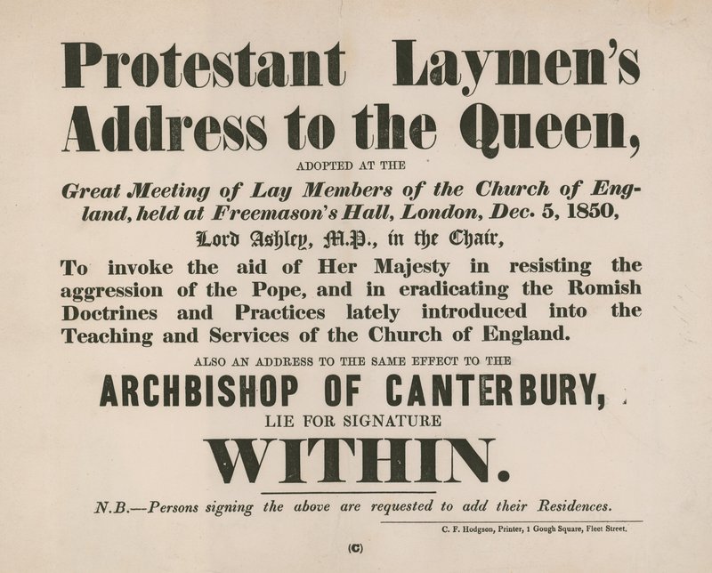 Advertentie voor het Protestant Laymans Address aan de koningin door English School