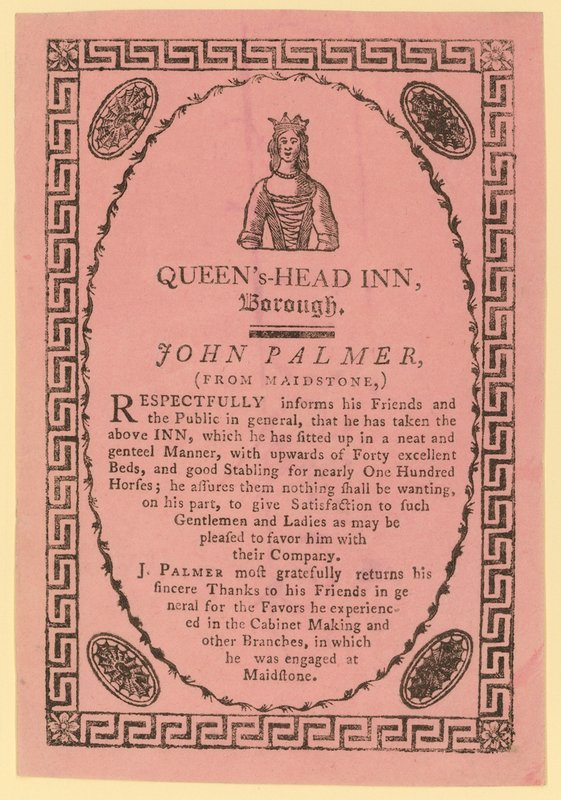 Advertentie voor de Queens Head Inn, Borough, Londen door English School