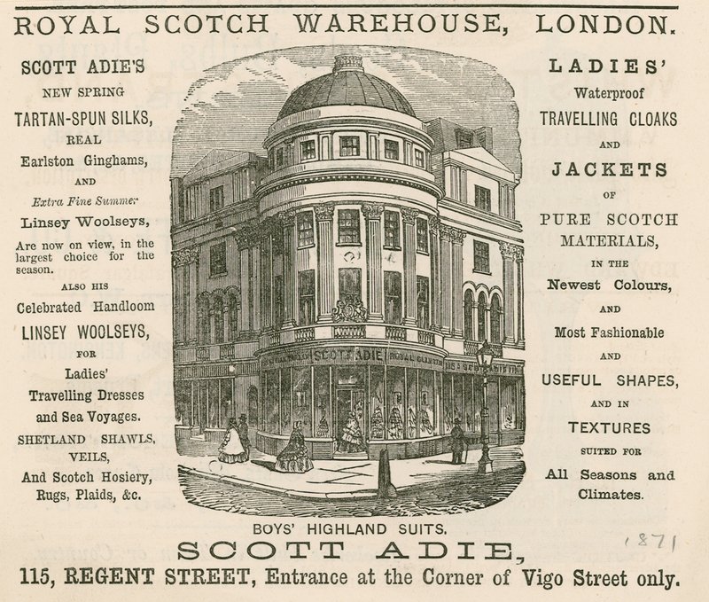 Advertentie voor het Royal Scotch Warehouse, 115 Regent Street, Londen door English School