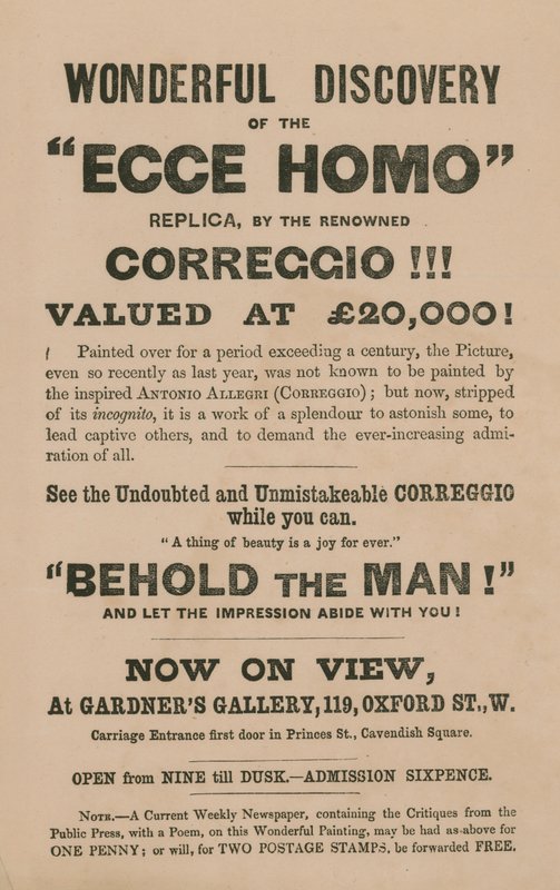Advertentie voor de tentoonstelling van een replica van het schilderij Ecce Homo door Correggio (Antonio Allegri) door English School