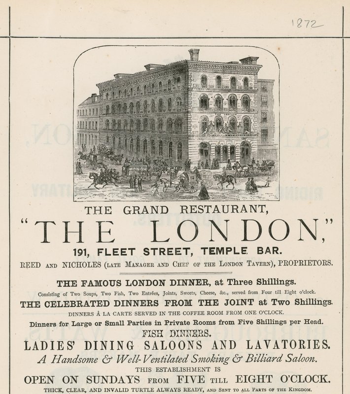 Advertentie voor het grote restaurant The London, 191 Fleet Street, Temple Bar door English School