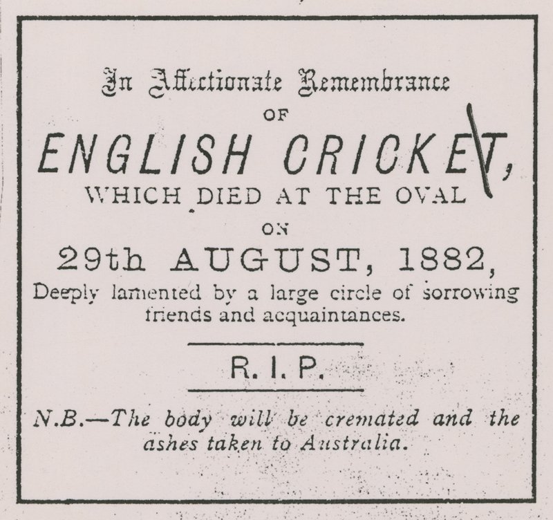 Advertentie uit de Sporting Times in augustus 1882 die het concept van The Ashes introduceerde door English School