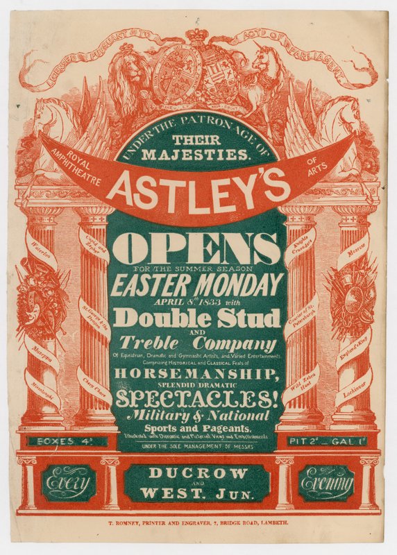 Advertentie voor Astleys Amphitheatre, opening voor het zomerseizoen, 8 april 1833 door English School
