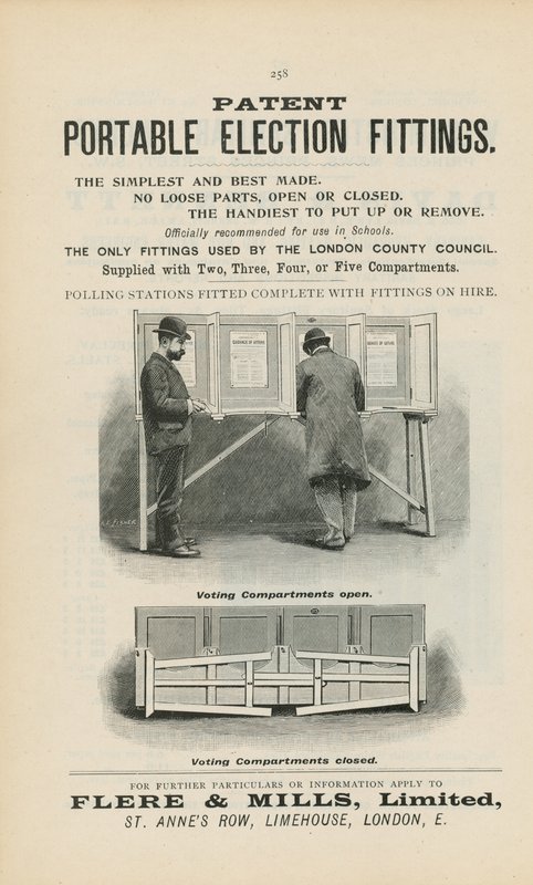 Advertentie voor Patent Portable Election Fittings door English School