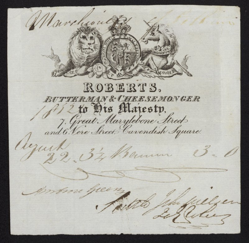 Advertentie voor Roberts, boterhandelaar en kaasverkoper, Londen door English School