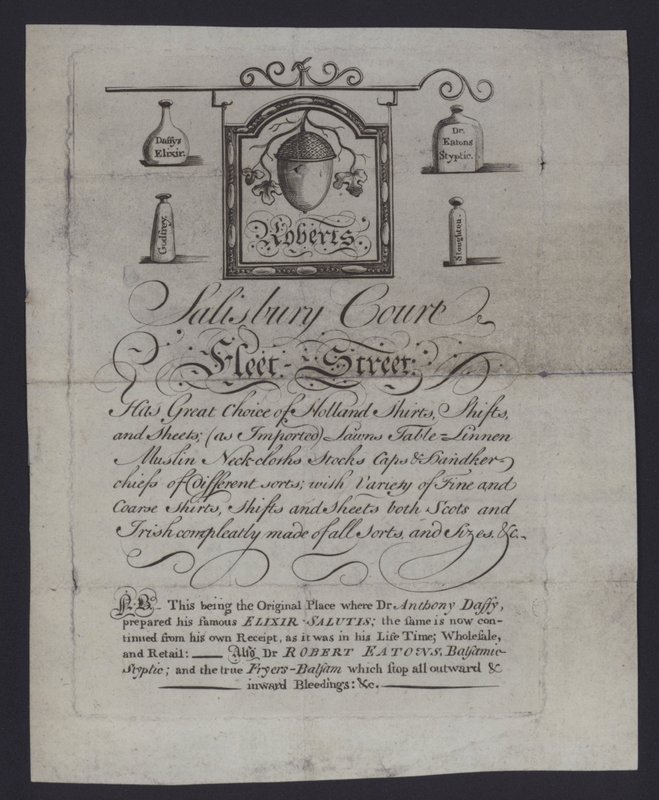 Advertentie voor Roberts, stoffenhandelaren, Salisbury Court, Fleet Street, Londen, waar Dr. Anthony Daffy zijn Elixir Salutis bereidde door English School
