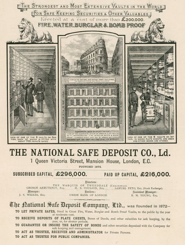 Advertentie voor de National Safe Deposit Company, 1 Queen Victoria Street, Mansion House, Londen door English School