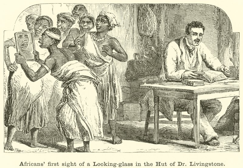 Afrikanen zien voor het eerst een Spiegel in de Hut van Dr Livingstone door English School