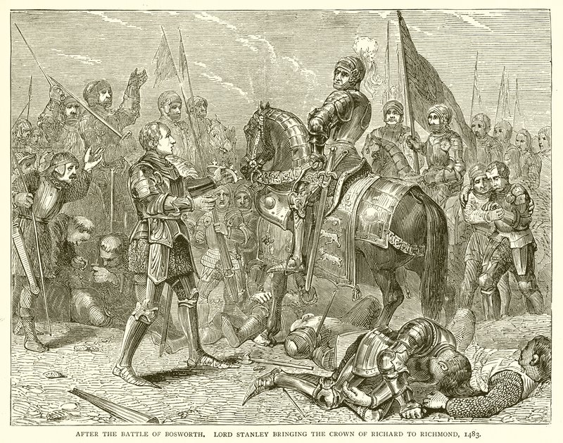 Na de slag bij Bosworth. Lord Stanley brengt de kroon van Richard naar Richmond, 1483 door English School