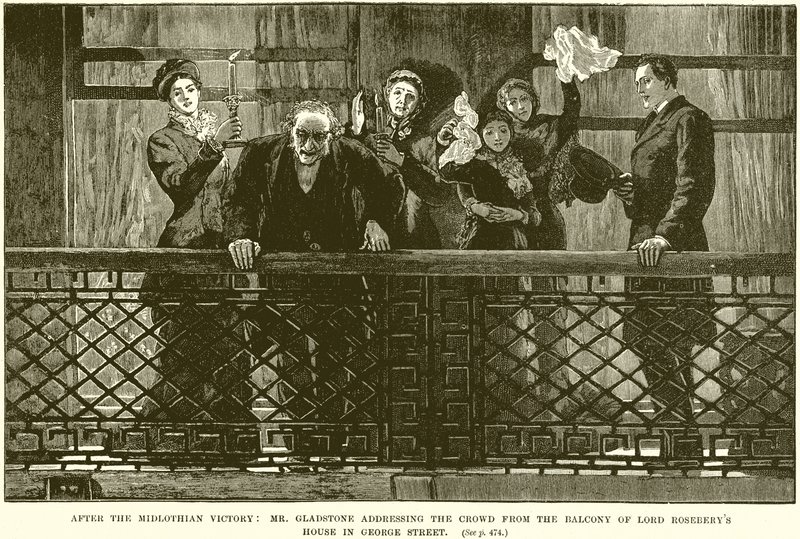 Na de Midlothian Overwinning: Mr. Gladstone spreekt de menigte toe vanaf het balkon van Lord Roseberys huis in George Street door English School