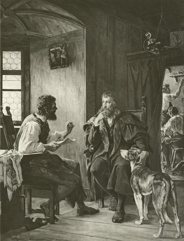 Albert Durer bezoekt Hans Sachs (gravure) door English School