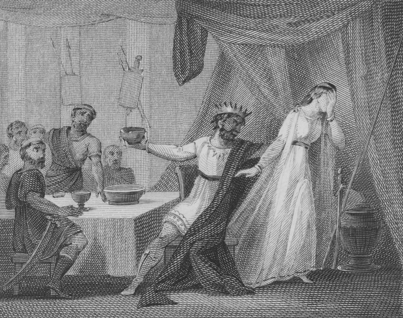Alboin, Koning van de Longobarden, eist dat zijn vrouw Rosamund drinkt uit zijn favoriete beker, gemaakt van de schedel van haar vader Cunimund, Koning van de Gepiden door English School