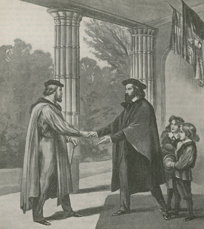 Alfred, Lord Tennyson, verwelkomt Giuseppe Garibaldi in zijn huis op het Isle of Wight door English School