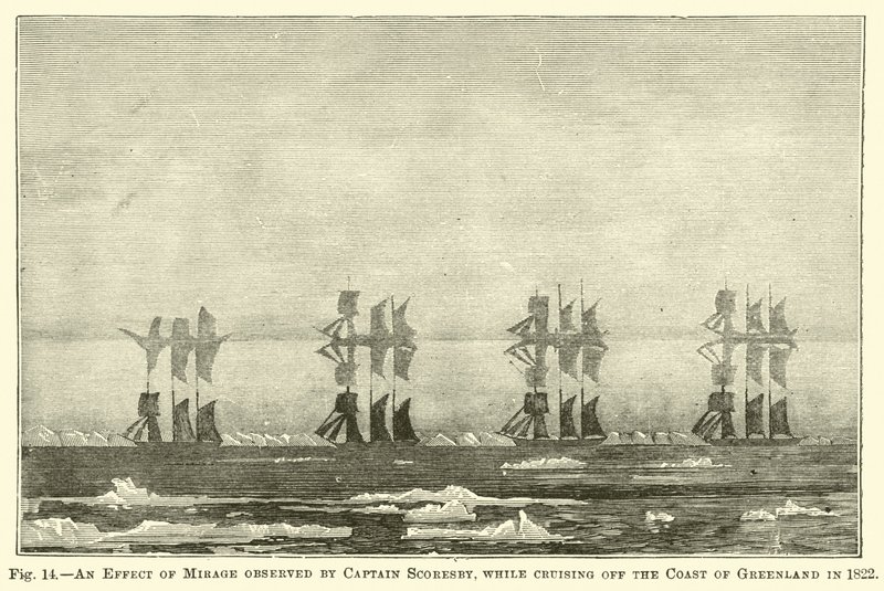 Een effect van luchtspiegeling waargenomen door kapitein Scoresby, tijdens het cruisen voor de kust van Groenland in 1822 door English School