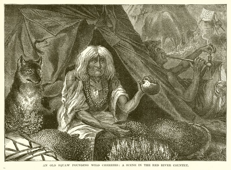 Een Oude Squaw die Wilde Kersen Stampt: Een scène in het Red River-gebied door English School