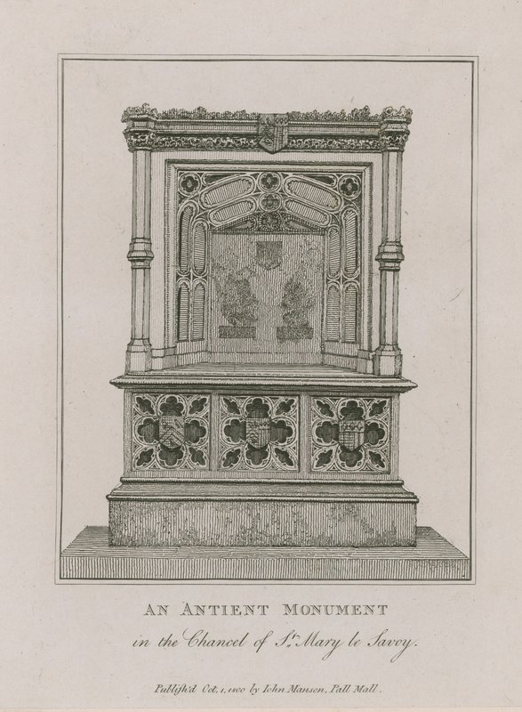 Een oud monument in het koor van St Mary le Savoy door English School