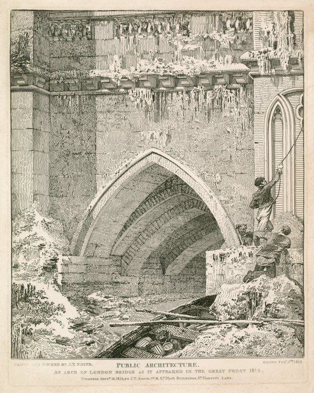 Een boog van de oude London Bridge zoals het verscheen in de Grote Vorst, 1814 door English School