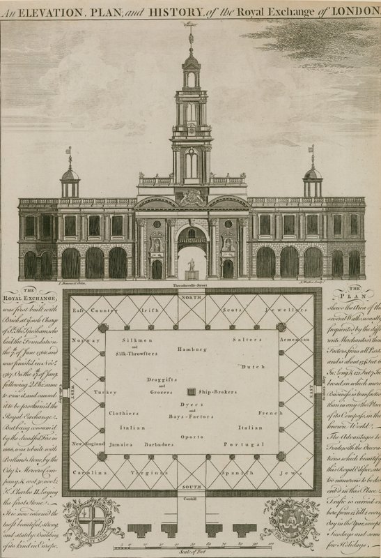Een elevatie, plattegrond en geschiedenis van de Royal Exchange, Londen door English School