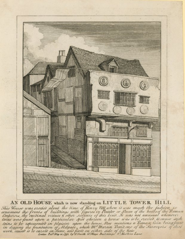 Een oud huis dat nu staat op Little Tower Hill, Londen door English School