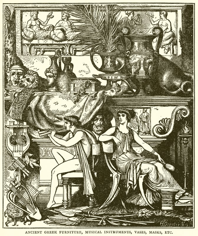 Oud-Griekse meubels, muziekinstrumenten, vazen, maskers, enz. (gravure) door English School