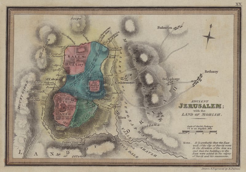 Oud Jeruzalem met het land van Moriah (gekleurde gravure) door English School