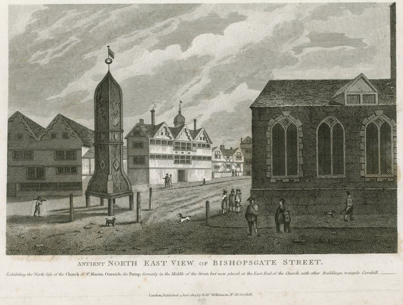 Oude noordoostelijke aanblik van Bishopsgate Street door English School