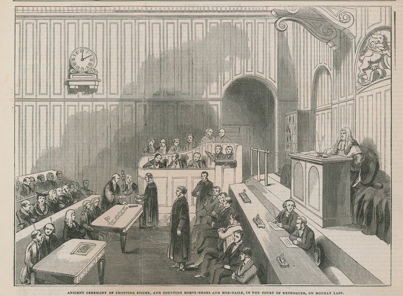 Oude ceremonie van het hakken van stokken en het tellen van hoefijzers en hobnails in het Hof van Exchequer door English School
