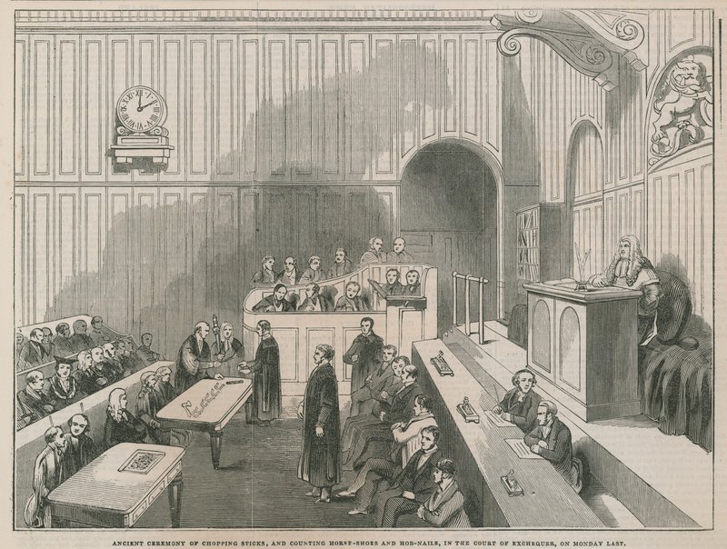 Oude ceremonie van het hakken van stokken en tellen van hoefijzers en spijkers in de Court of Excise door English School