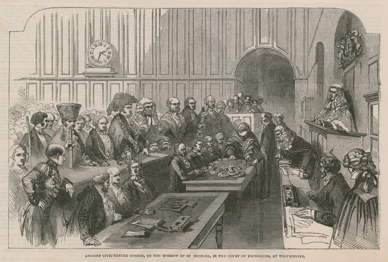 Oude burgerlijke gewoonte, op de spiegel van St. Michael, in de Court of Exchequer, in Westminster door English School