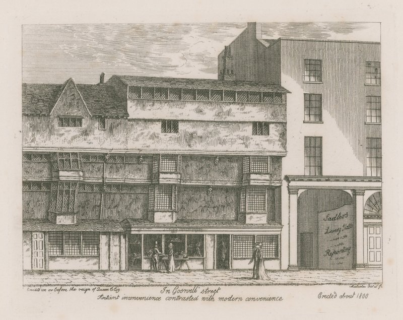 Oude gemakken vergeleken met moderne gemakken in Gosnell Street, Finsbury door English School