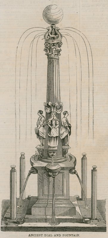 Oude zonnewijzer en fontein, opgericht in 1656 op Leadenhall Corner, Londen door English School