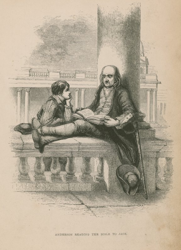 Anderson leest de Bijbel voor aan Jack; illustratie uit Poor Jack door Frederick Marryat door English School