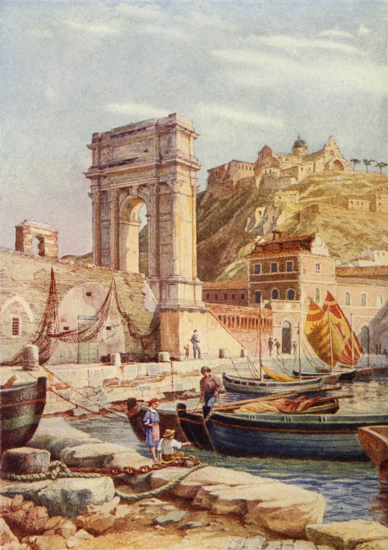 Boog van Trajanus en haven van Ancona, Italië door English School