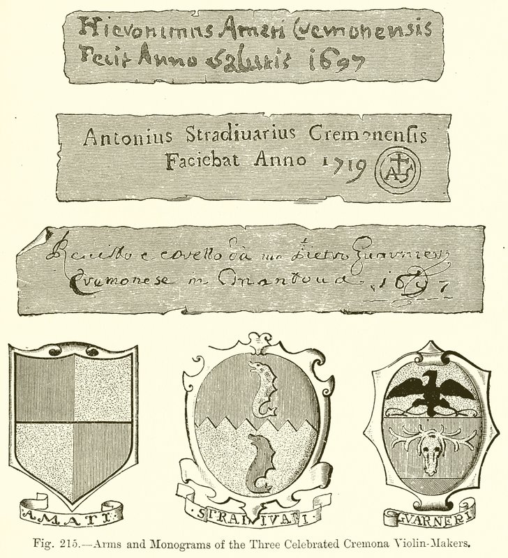 Wapens en monogrammen van de drie beroemde Cremona vioolmakers door English School