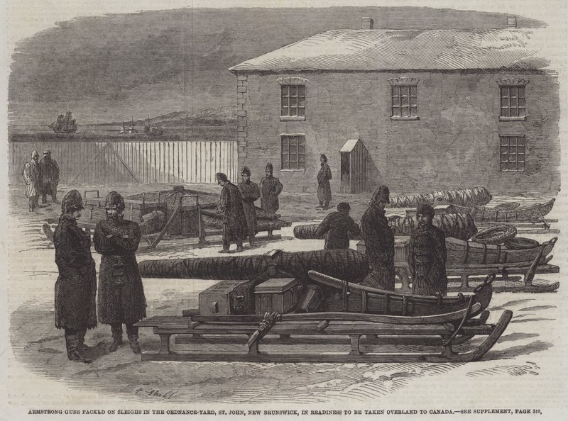 Armstrong-kanonnen verpakt op sleeën in de Ordnance-Yard, St John, New Brunswick, klaar om over land naar Canada te worden gebracht door English School