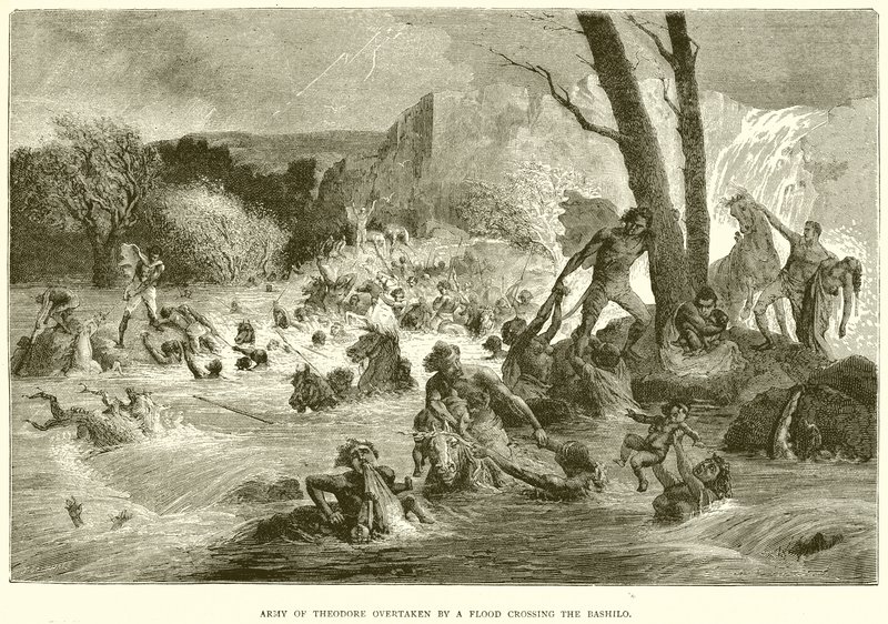 Leger van Theodore ingehaald door een Overstroming bij het oversteken van de Bashilo door English School