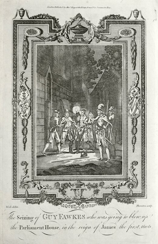 Arrestatie van Guy Fawkes voor poging tot het opblazen van het Parlement tijdens het Buskruitverraad, 5 november 1605 door English School