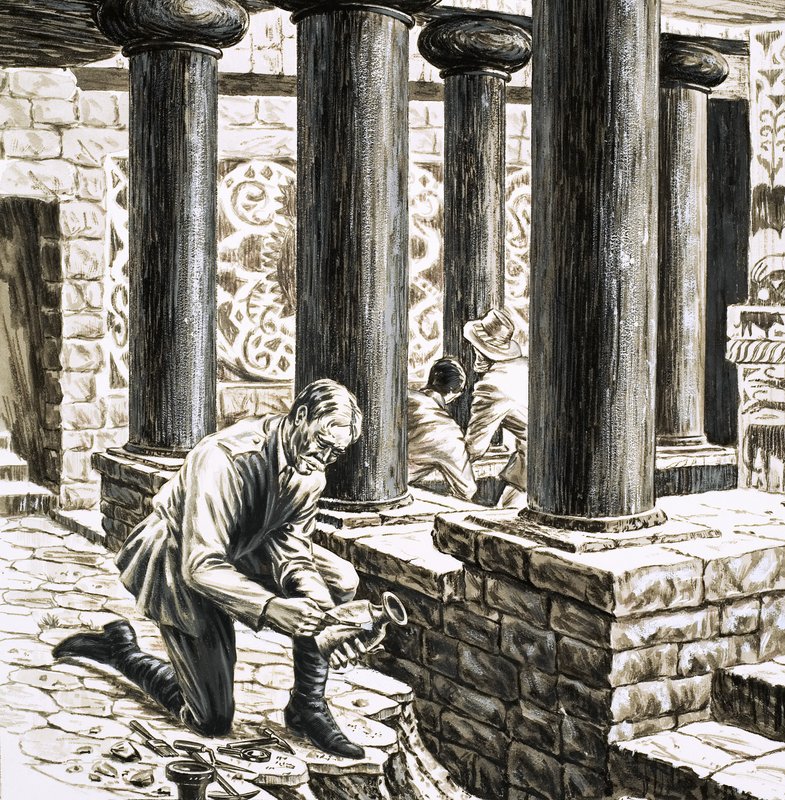 Arthur Evans verkent de overblijfselen van het oude Minoïsche paleis in Knossos door English School