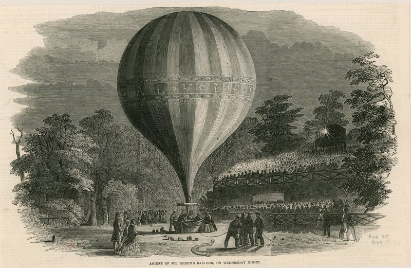 Opstijging van de ballon van Mr Green op woensdagavond; Vauxhall Gardens, Londen door English School