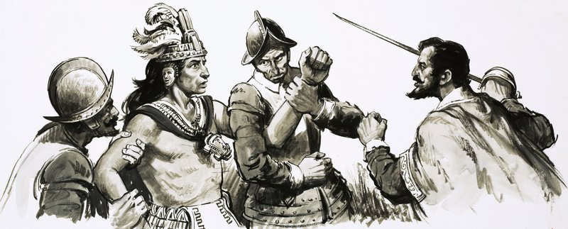 Atahualpa, de Inca god-koning, kwam de binnenvallende Spanjaarden vriendelijk tegemoet door English School