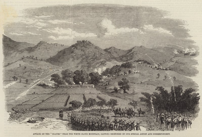 Aanval op de "Braves" nabij de Witte Wolk Berg, Canton (gravure) door English School